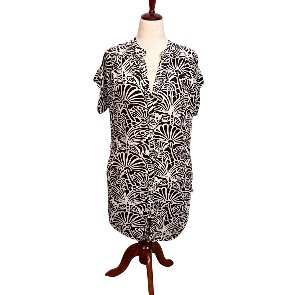 Paperbag Princess open neck short sleeve button front dress brown white Sz S